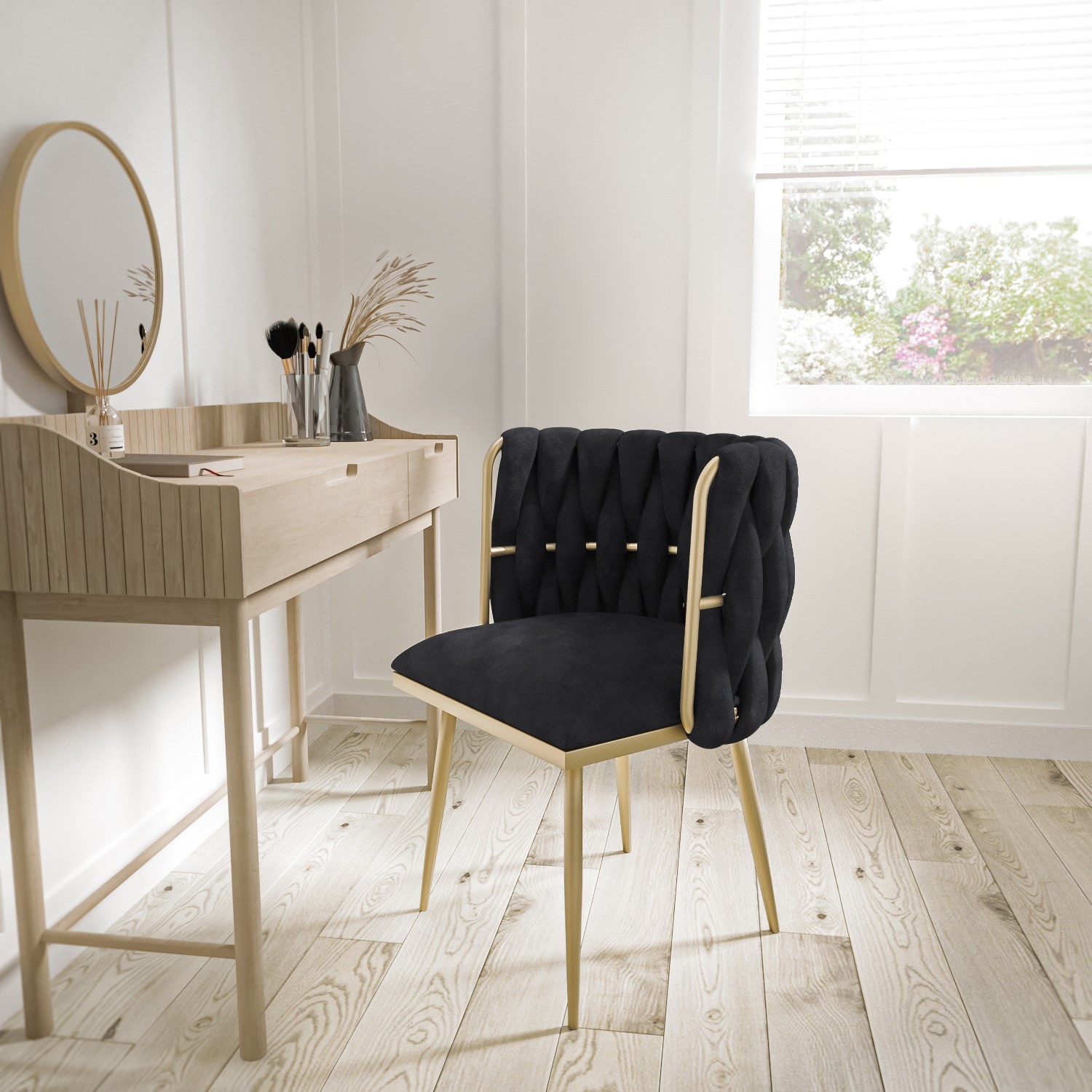Read more about Black woven linen dressing table chair with gold legs malika